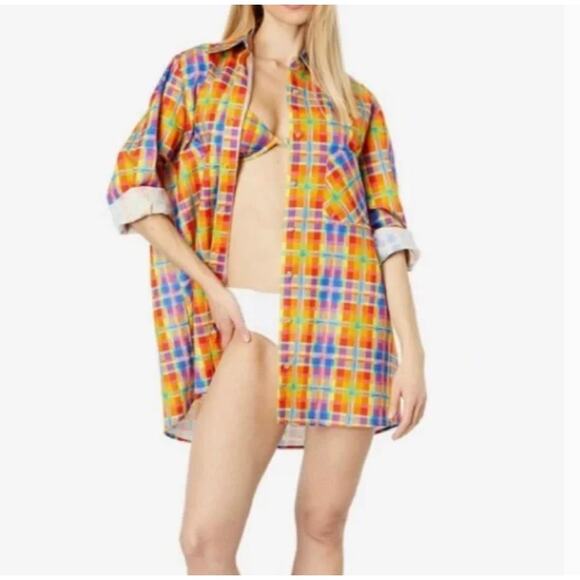 WeWoreWhat Women Oversized Plaid Button Up Rainbow Dad Shirt Linen XS - Picture 1 of 8